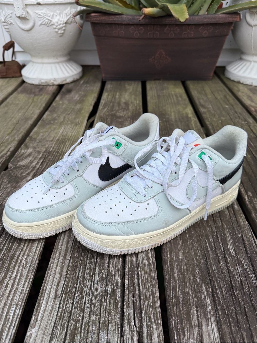 White and Black Low-Top Leather Sneakers with Mint Accents